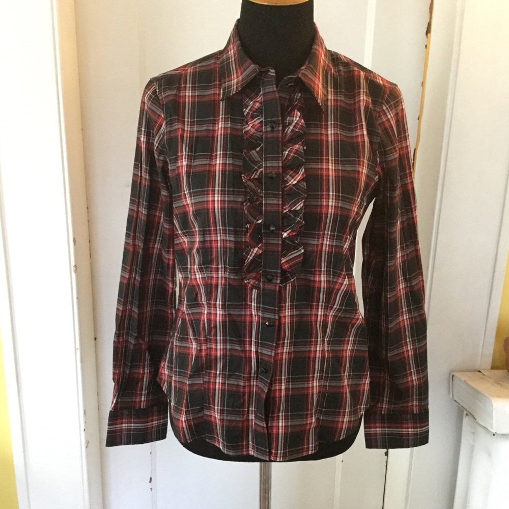 Talbots 10 petite plaid ruffle button down blouse